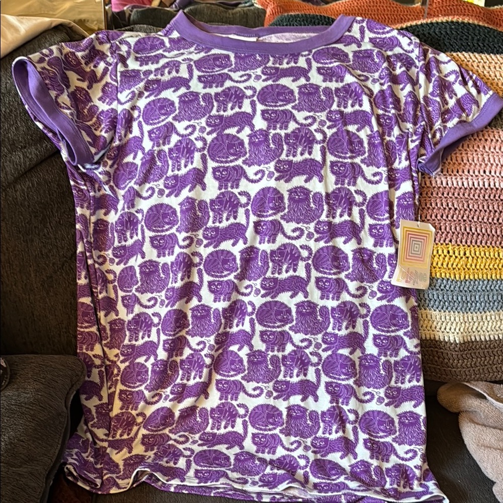 LuLaRoe Purple and Silver Short Sleeve Tee with Geometric Design